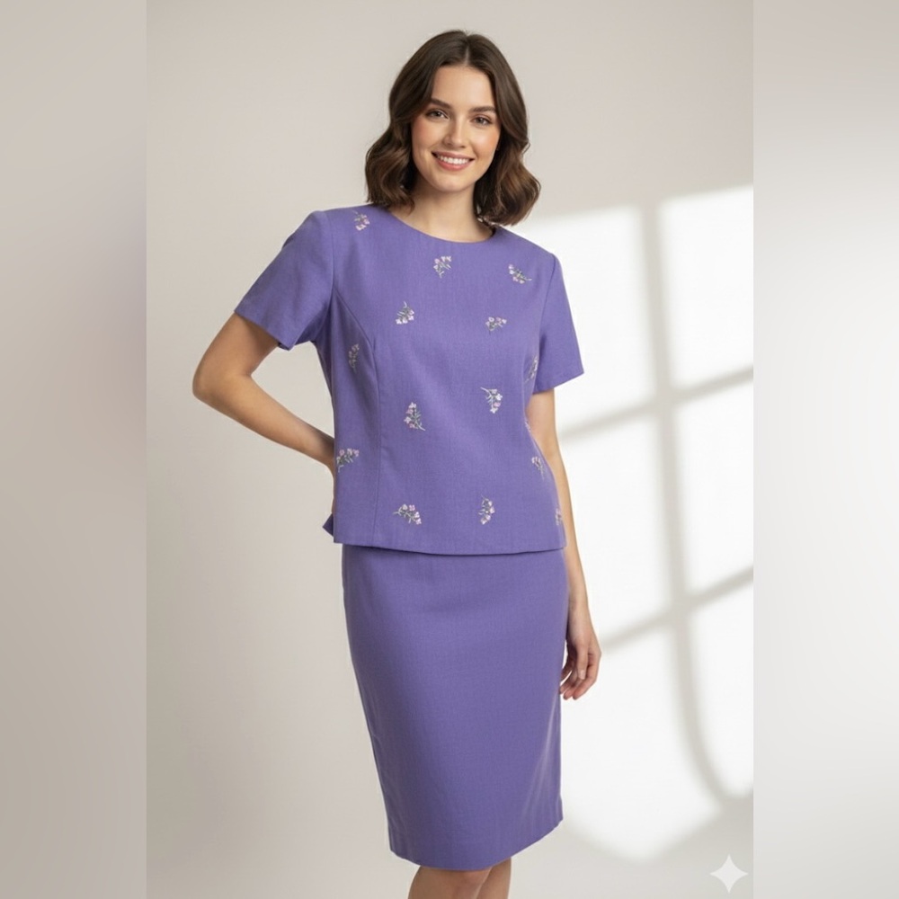 Vintage 90s Melissa Harper purple linen-blend 2 PC suit floral embroidery 10